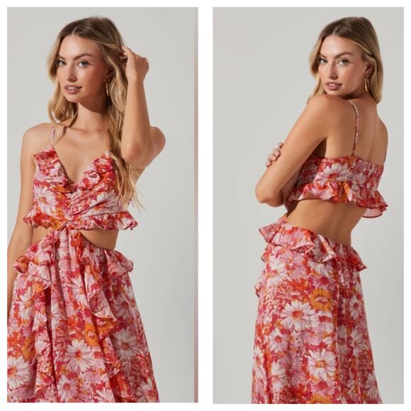 ASTR The Label Palace Floral Cut Out Ruffled Maxi Dress Size Medium Pink Wedding - Picture 8 of 13